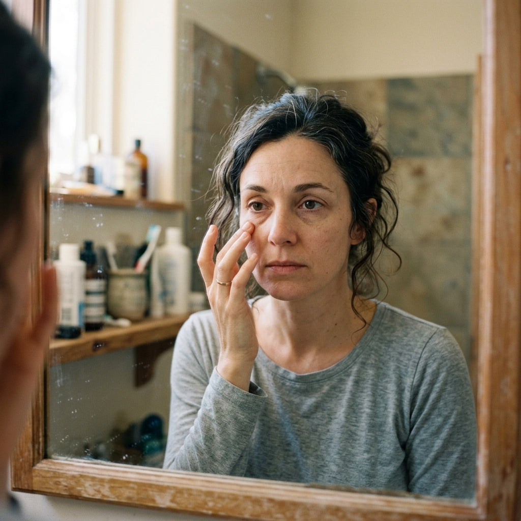 Woman applying eye cream in bathroom mirror